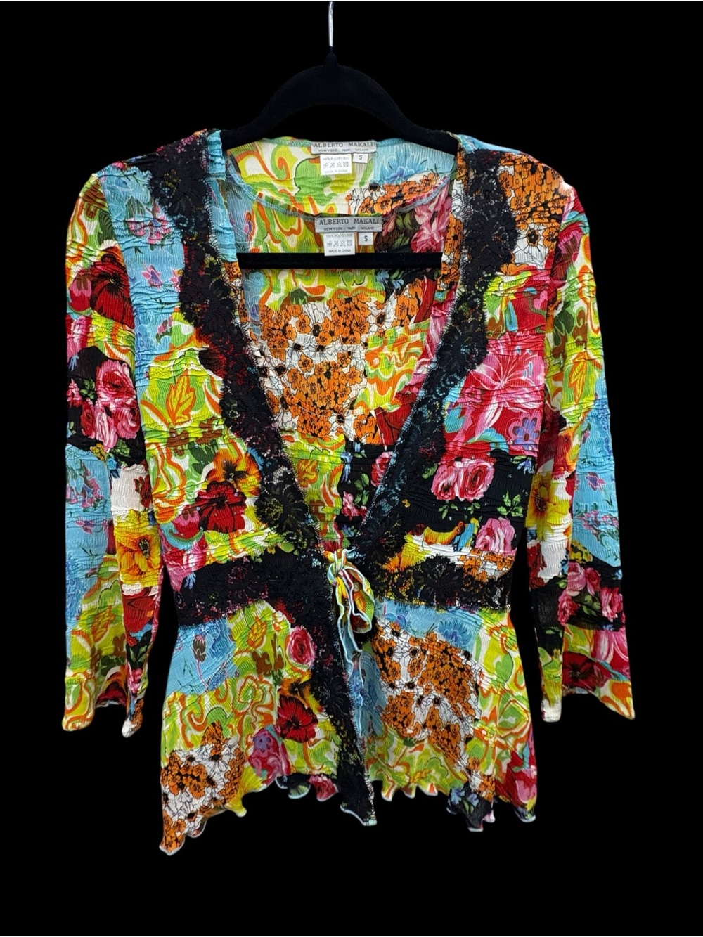 Alberto Makali Floral Lace Wrap Tie Blouse Colorful Y2K Small S